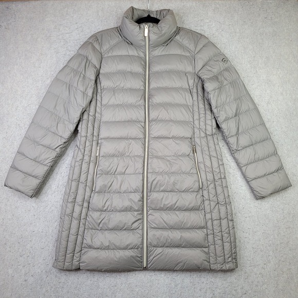 Michael Kors Packable Down Fill Gray Puffer Jacket Women's L Thigh Length Coat - Picture 1 of 13